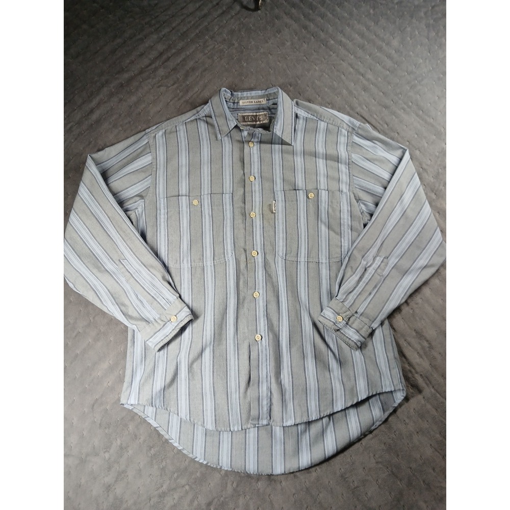 Vtg Levis Silver Label Mens M Striped Button Down Shirt Blue Grey Long Sleeve